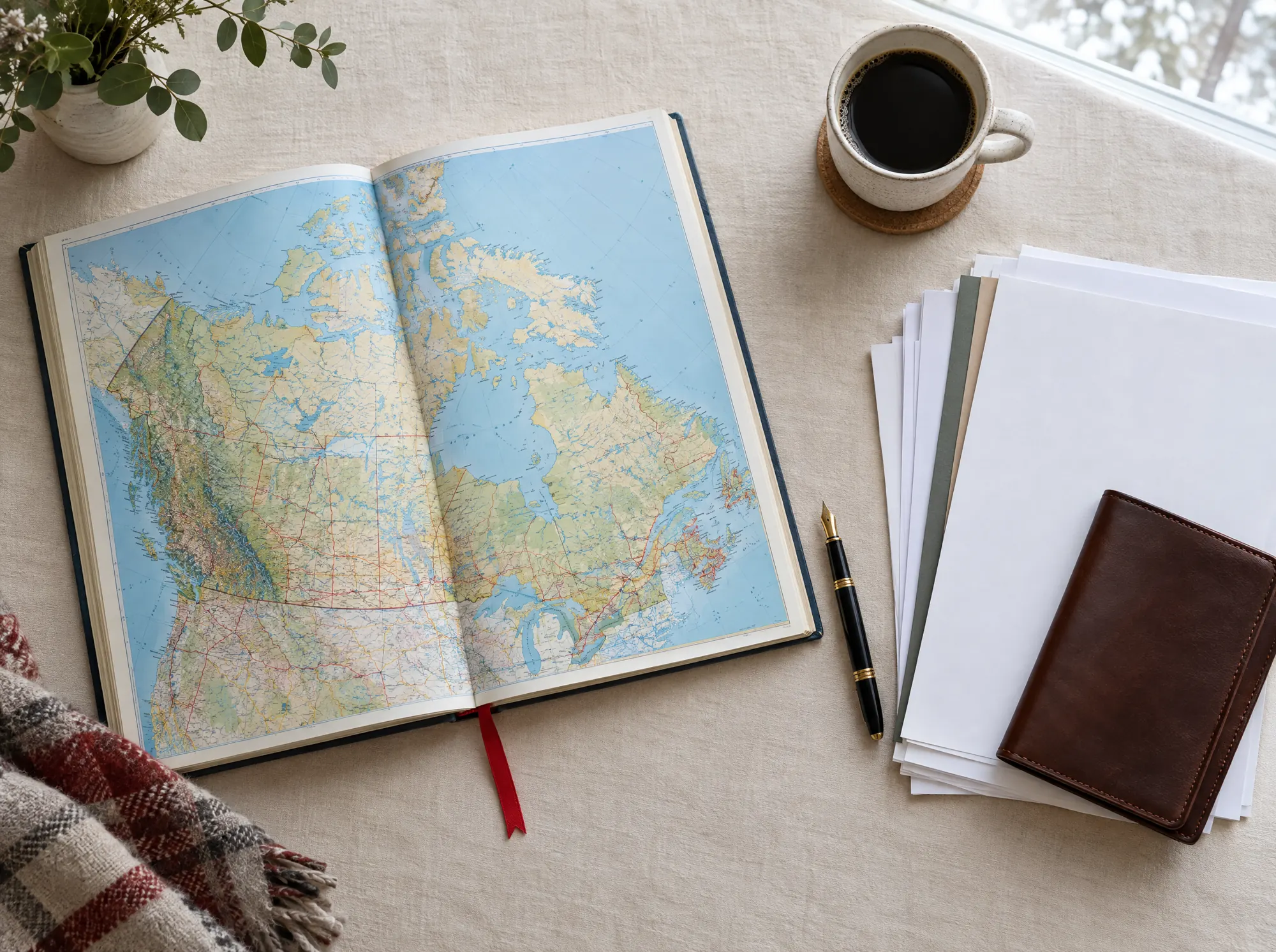 An atlas of Canada, a pen and documents on a desk