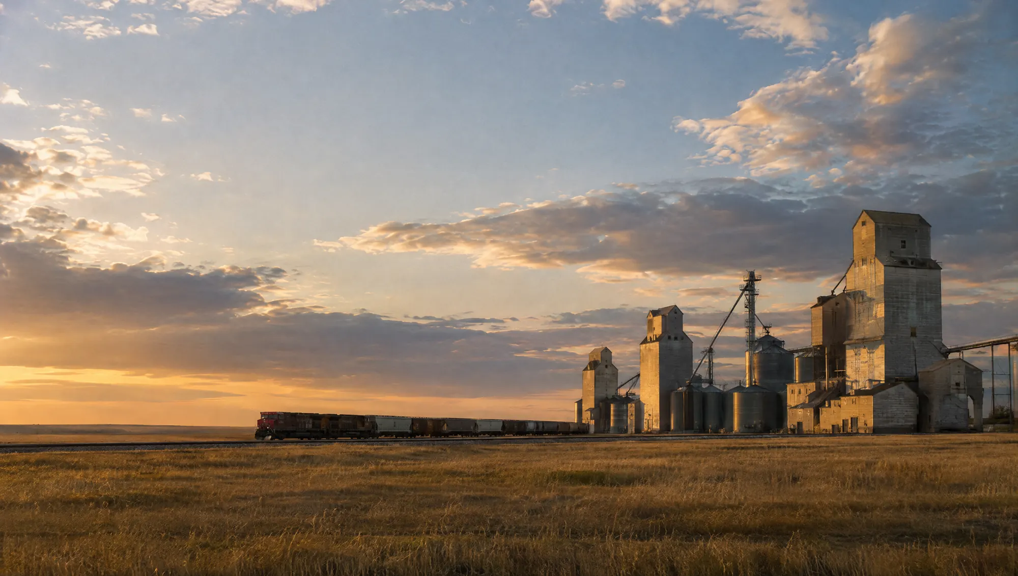 Grain elevators and a freight train on the Canadian prairie